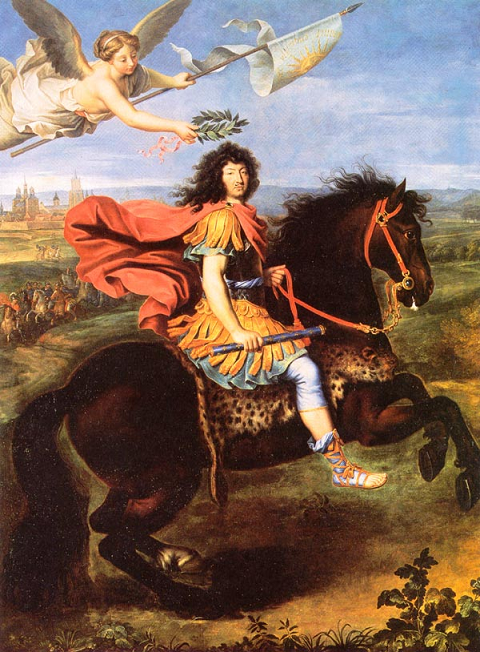 Louis XIV vêtu à la romaine, couronné par la Victoire devant une vue de la ville de Maestricht - en 1673.